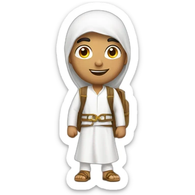 Arab wearing traditional white clothes with a backpack sticker