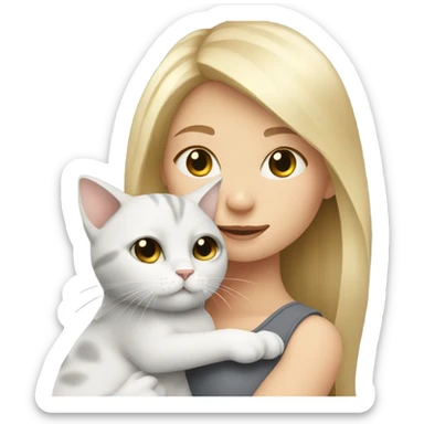 Blonde girl cuddling with grey and white small cat sticker
