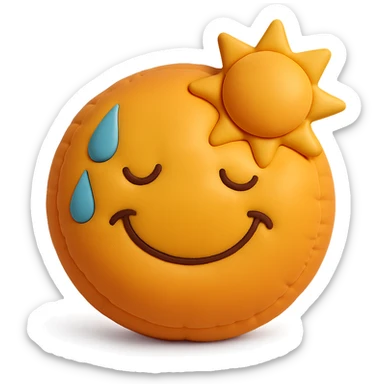 plush face with sweat and sun, hot weather, warm colors, soft cushion style sticker