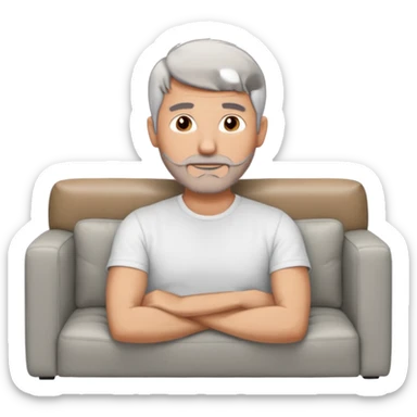 a 50 yo man short grey hair stubble beard laying on a ottoman of a light grey cord couch sticker