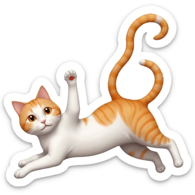 ginger and white cat with orange eyes doing a big extremely long stretch reaching up into the air with arms and legs side by side together straight and overextended whilst lying on its side sticker