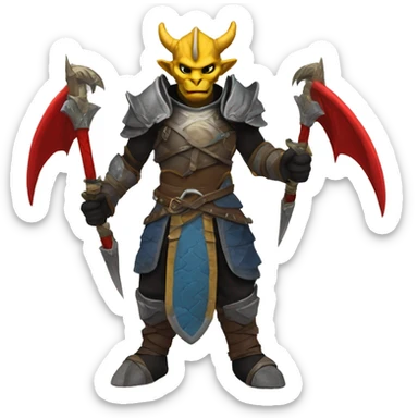     Tall Dragonborn fighter with twin swords  with red blades and yellow Handels and blue scales and black horns with red wings  sticker