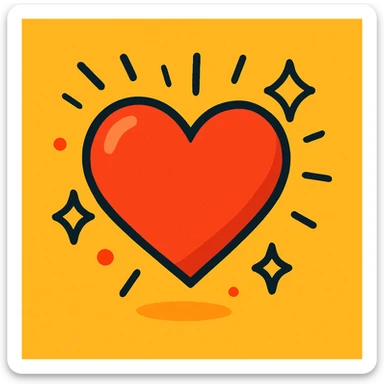 red heart with lines and sparkles showing growth, vibrant cartoon style sticker