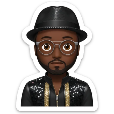 Will.i.am with dark skin, dark brown hair, black sequin outfit sticker