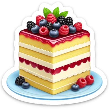 Cinematic luxurious slice of cake, delicate layers of moist sponge and rich frosting, beautifully decorated with fresh berries and a glossy glaze, soft glowing light, elegant and indulgent. sticker