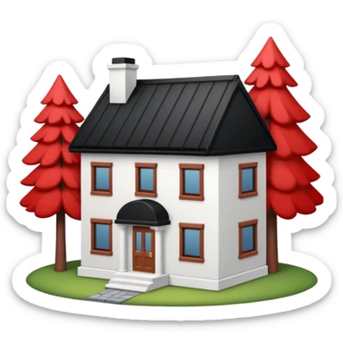 Dom z czarnym dachem i biała elewacja ze wstawkami z czerwonej cegły.Na drugim planie las. sticker