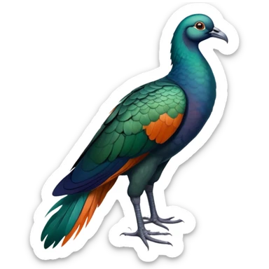 Nicobar pigeon with iridescent blue-green feathers, long neck feathers, bright orange beak, and white tail sticker