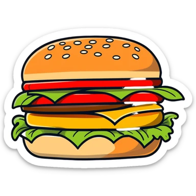 hamburger with sesame seed bun, lettuce, tomato, cheese, and patty sticker