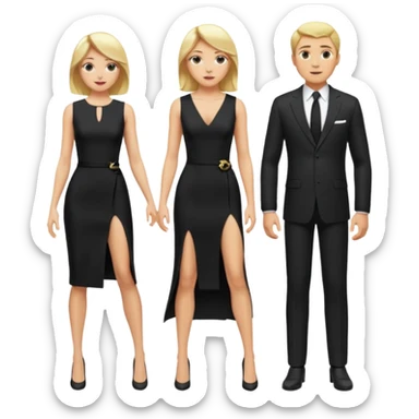 Blonde woman, black, Long, tight, sleveless Dress, Slot left Leg,man in suit, fly sticker