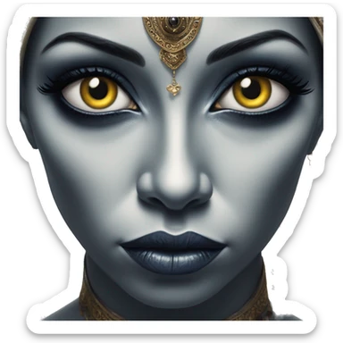 Mysterious alien in Aladdin style, oil paint, black eyes, intricate lips, masterpiece portrait, beautiful, desirable, logical, Arabic sticker