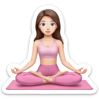 Brunette long hair and blue eyes yoga beautiful girl in light pink pink pink clothes sitting on a yoga mat sticker