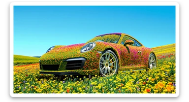 Closeup shot of a porsche 911, body of car made of grass and big colorfull flowers, green hill grass, blue clear sky, dutch angle, captured by ARRI 65 sticker