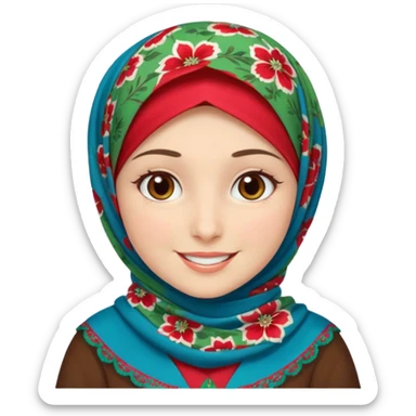 Turkish beautiful finish Konya girl brown eyes white skin with red blue green flowers hijab and brown islamic dress and smiles sticker