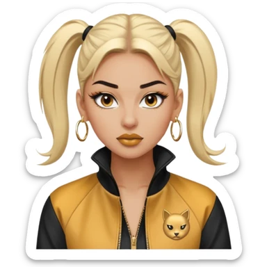 “Emoji girl, fierce confident expression, sharp winged eyeliner, bold brows, matte nude lips, long lashes, sleek high ponytail, wearing gold hoop earrings and sporty streetwear jacket.” sticker