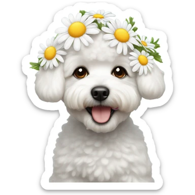 A happy bichon wearing daisy flowers on her head  sticker
