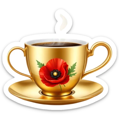 A luxurious golden coffee cup with an elegant curved handle, filled with steaming espresso. The light reflects off its metallic surface, creating a cozy and sophisticated ambiance and red poppies  sticker
