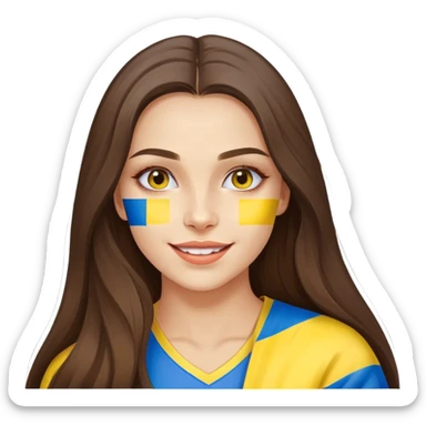 Brunette woman with long hair, Ukrainian flag (blue and yellow) painted on her cheek, happy expression sticker