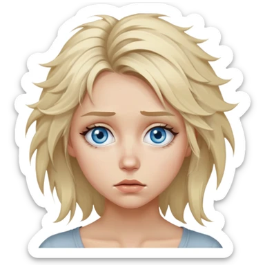 A sexy blue eyes Blonde depressed and sad girl emoji, messy hair and with eyebags, sad face against a grey background sticker