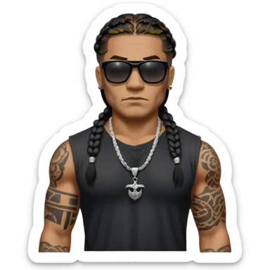 Samoan male. 
Untucked loose fitting black t-shirt. 
long black braided hair.
very muscular.
Even More tattoos. 
Tough and menacing.
Dark black square sunglasses. sticker