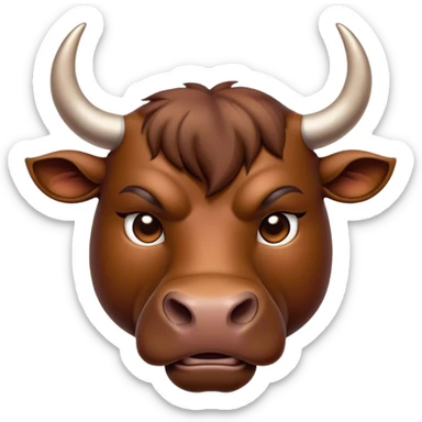 Cinematic Noble Brown Bull Portrait Emoji, Poised and regal, with a massive, muscular build and a sleek, well-groomed rich brown hide, deep-set soulful dark eyes, Simplified yet sharp and sophisticated features, highly detailed, glowing with a soft, dignified glow, high shine, intelligent and formidable, stylized with an air of strength, focused and attentive, soft glowing outline, capturing the essence of a watchful and confident guardian, so majestic it feels as though it could charge out of the screen with effortless authority! sticker