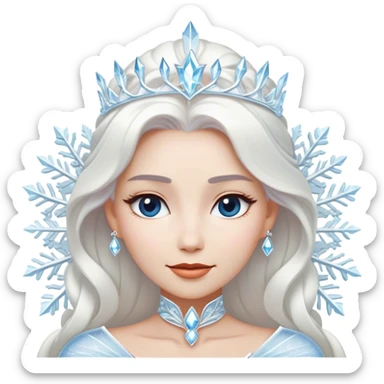 Cinematic Majestic Snow Queen Portrait Emoji, rendered in a clean, vector-style with bold, simplified shapes. Show Elsa with a serene, noble expression, luminous icy skin and gracefully styled platinum hair adorned with subtle crystalline accents, her attire minimal yet majestic. The design radiates a cool, crystalline glow with high shine and a soft glowing outline, embodying timeless, frosty elegance. sticker