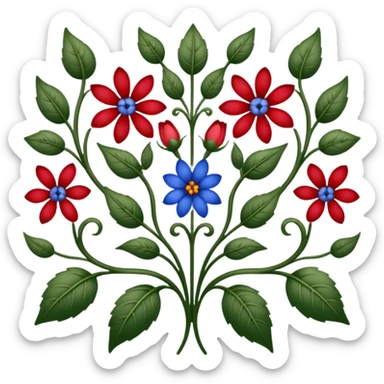 dull green leaves & red & blue flowers filigree design, extremely detailed, complex design sticker