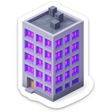 Russian panel apartment building, modernized square block, light gray, ultraviolet glowing windows, isometric view sticker