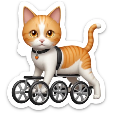 full body small short hair ginger and white cat with orange eyes walking in a wheelchair for cats sticker