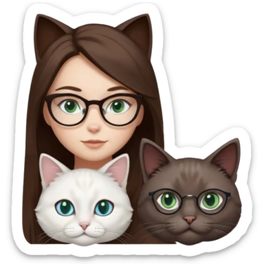 O fata cu parul saten lung ,ochii gri-albastrii ,ochelari și codițe de pisica ..și langa o pisicuță total  alba pufoasa ,cu ochii verzi și o a doua pisica siameza pufoasa cu capul maro inchis-negru și coada ,restul corpului un maro deschis spre alb  cu ochii albaștrii. sticker