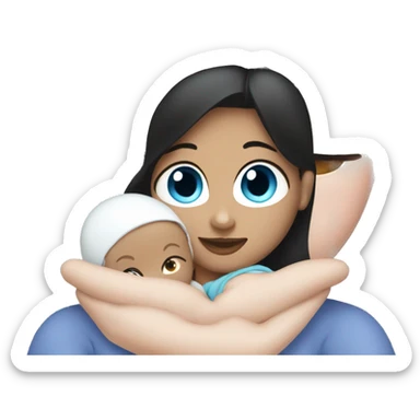 mom holding newborn baby girl with blue eyes white skin black hair sticker