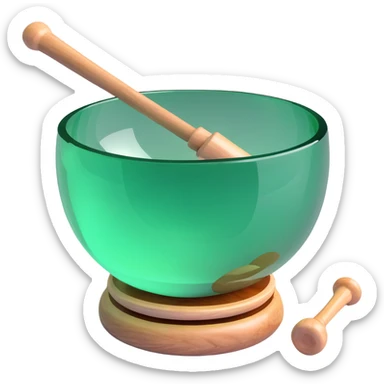green crystal singing bowl with a mallet in it, clear and elegant, focus on the bowl and mallet sticker