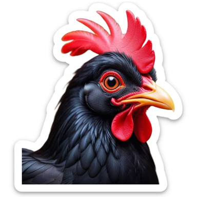 Cinematic Cute Black Chicken Portrait Emoji, Head tilted playfully and inquisitively, featuring sleek, lustrous black feathers and a vibrant red comb, round, sparkling beady eyes filled with curiosity, Simplified yet irresistibly adorable features, highly detailed, glowing with a warm, friendly glow, high shine, affectionate and lively, stylized with a touch of whimsical charm, bright and endearing, soft glowing outline, capturing the essence of a mischievous yet loving chicken, so playful it feels like it could peck out of the screen and into your arms! sticker