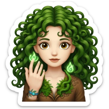 woman with long curly brown hair, brown eyes, white skin, tattoos, growing glowing moss from her fingertips like magic circuits sticker