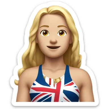 A girl with long blonde hair with wide shoulders wearing a Great Britain rowing swimming suit and has small muscles and add a necklace that has a sea shell pendant on it. The necklace is around the neck and the pendant is on her chest sticker