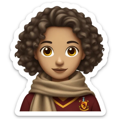 Curly-haired brunette girl with white skin, brown eyes and wearing a Gryffindor scarf sticker
