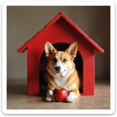 realistic red dog house with a Corgi dog inside, Corgi with a apple, photorealistic style sticker