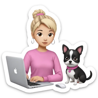 Asian girl with messy bun hair, wearing a white t-shirt, working on an Apple laptop, next to her is a small black and white dog in pink sweater sticker
