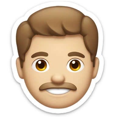 a chubby, round faced caucasian man smiling with dark brown hair, mustache and short beard, smiling mischeiviously with little devil horns barely visible poking up from under the hair. sticker