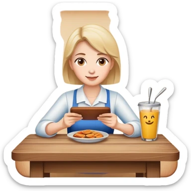 mom sitting at a table ordered food sticker