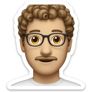 white man with short curly brown hair, blue small eyes, eyeglasses and a brown mustache sticker