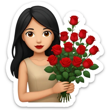 A girl with long black hair holding a bouquet of roses sticker