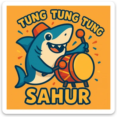 cute shark holding a drum, with 'tung tung tung sahur' text, cheerful and festive, cartoon style sticker