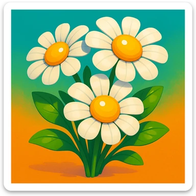 bouquet of three cartoon daisies with white petals and yellow centers, green leaves, shiny and smooth, soft shadows, vibrant and friendly look, Pixar animated movie style sticker