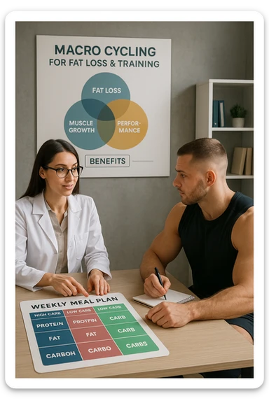 a nutritionist explains to an athlete how to cycle macronutrients for fat loss and training. On the desk, a weekly meal planner shows alternating high-carb and low-carb days, with color-coded sections for proteine, grassi, and carbo. The athlete takes notes, and a chart in the background illustrates the benefits of nutrient cycling. The mood is professional and educational. scritto in italiano sticker