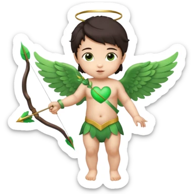 cupid asian baby flying full body with wings with brown eyes and dark hair handled bow and arrow directed to green heart and looking to heart sticker
