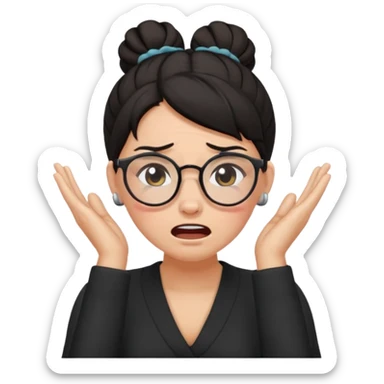 dark haired woma with hair a high bun, wearing glasses covering ears and crying sticker