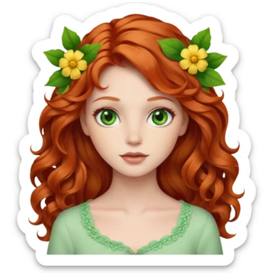Natural redhead model, green eyes, wavy hair, flowers in hair sticker