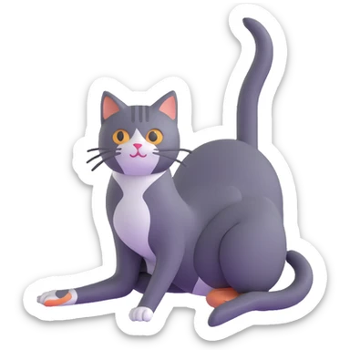 cat doing pigeon yoga pose with one leg bent in front and one leg stretched behind sticker