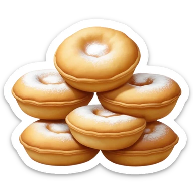 Cinematic Realistic image of simple round buñuelos, depicted with a lightly crisp, golden exterior and soft, airy interior, dusted with a subtle layer of powdered sugar and set against a rustic backdrop with warm, inviting lighting. sticker