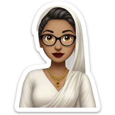 White girl in a salwar kameez, glasses, piercing, red lips, nose ring, full body, teen, short hair black sticker
